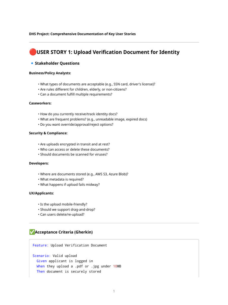 User Stories for DHS Project Documentation | PDF | Social Security ...