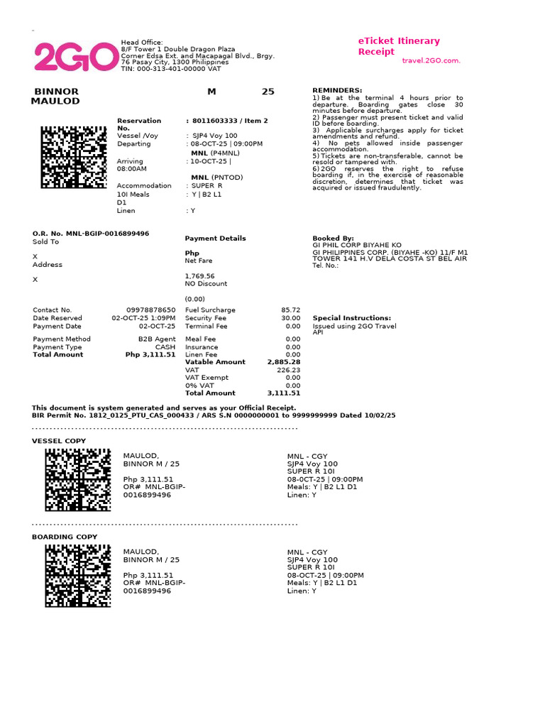 2GO Travel eTicket Itinerary Receipt | PDF | Identity Document | Ticket ...