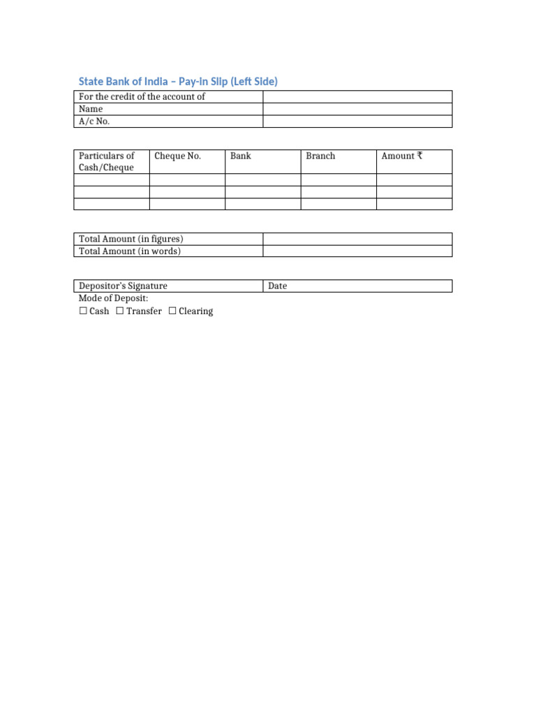 SBI Pay-in Slip Template Guide | PDF