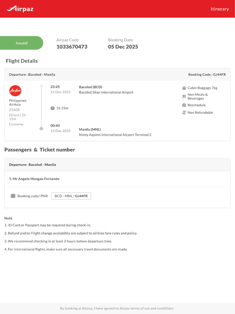 Airpaz Flight Itinerary 1033670473 En | PDF