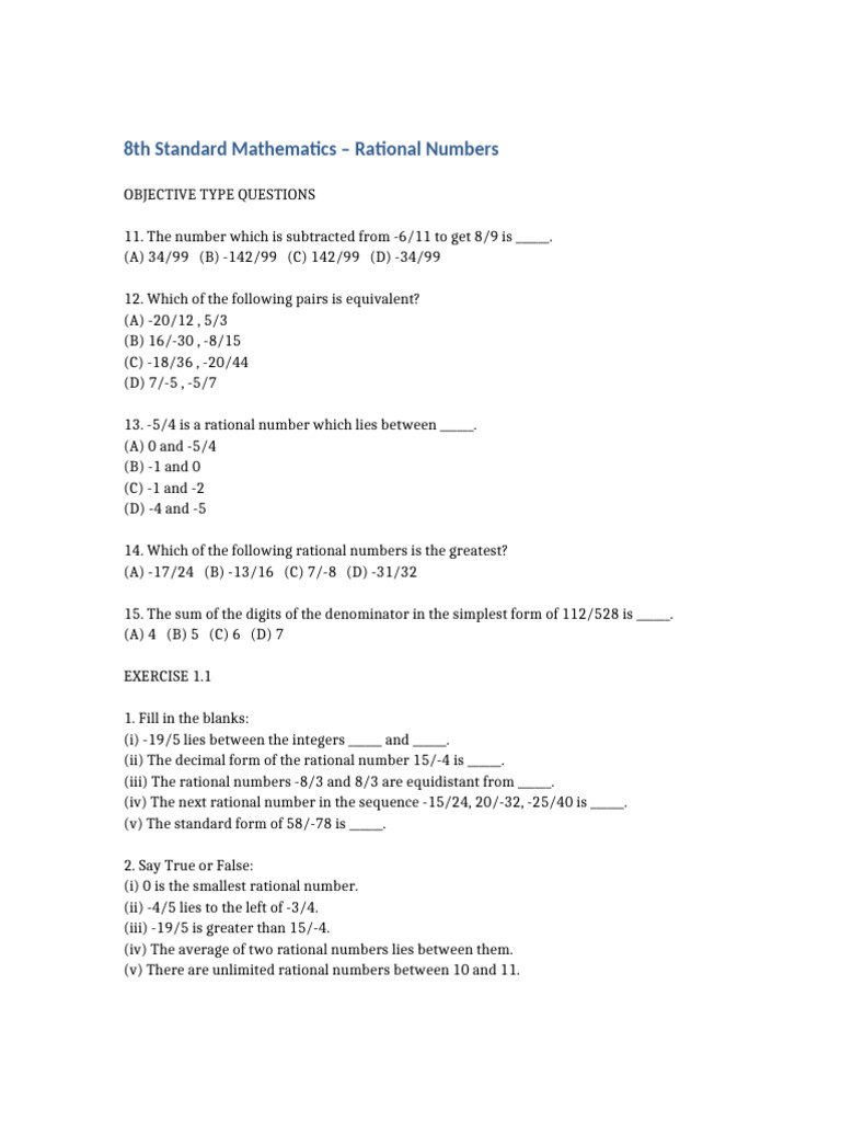 8th Grade Math: Rational Numbers Exercises | PDF | Numbers | Rational ...