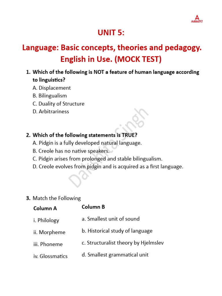 Language Concepts and Pedagogy Mock Test | PDF | Linguistics | Phonology
