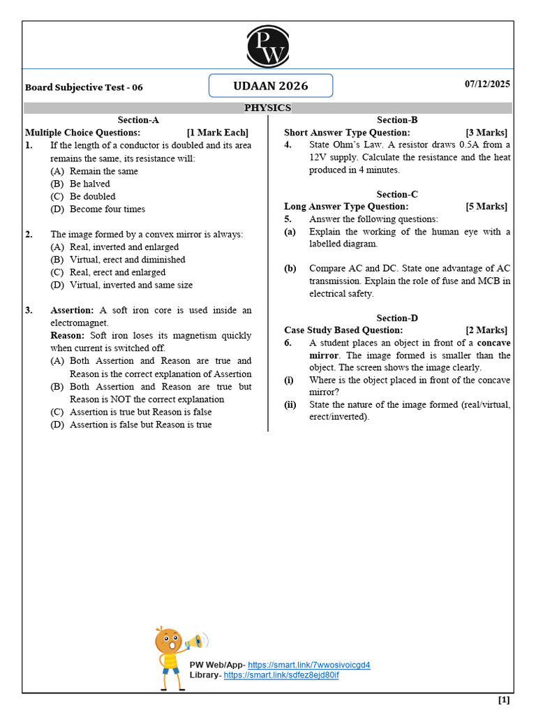 Physics Subjective Test 2025 | PDF | Electricity | Electric Power