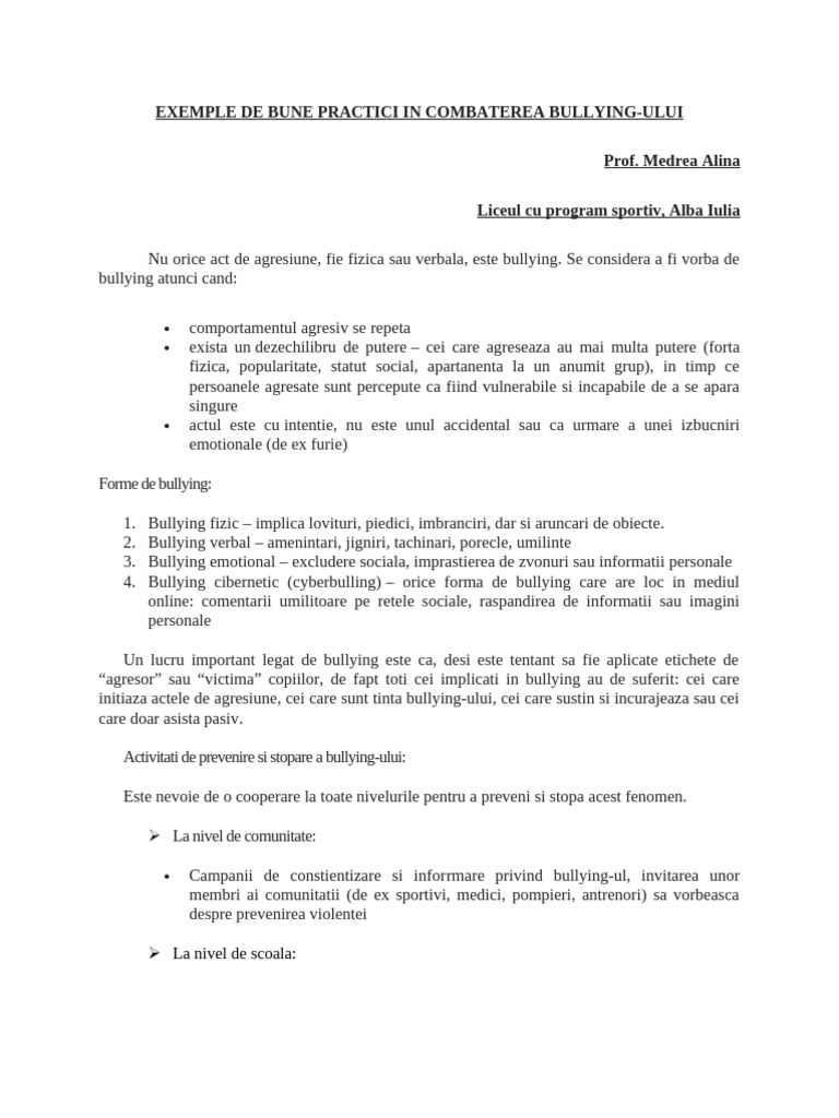 Exemple de Bune Practici in Combaterea Bullying | PDF