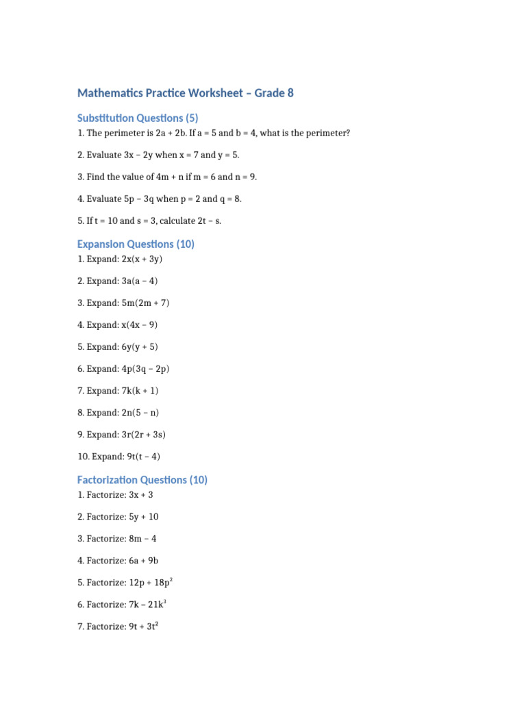 Grade 8 Math Practice Worksheet | PDF