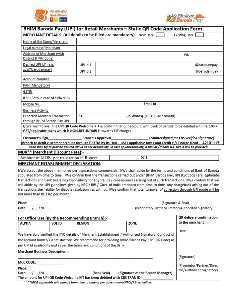 BHIM Baroda Pay UPI Merchant Form | PDF | Banking Technology ...