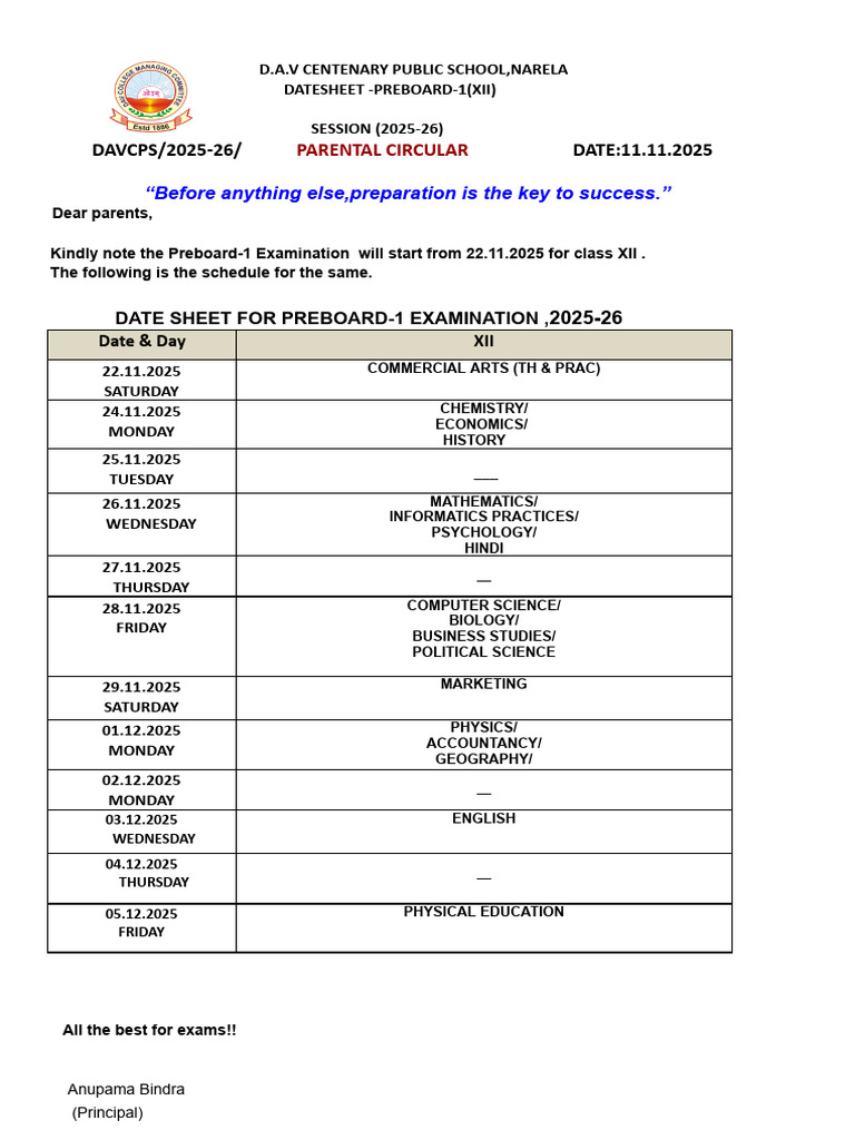 Preboard-1 Exam Datesheet XII 2025-26 | PDF | Science