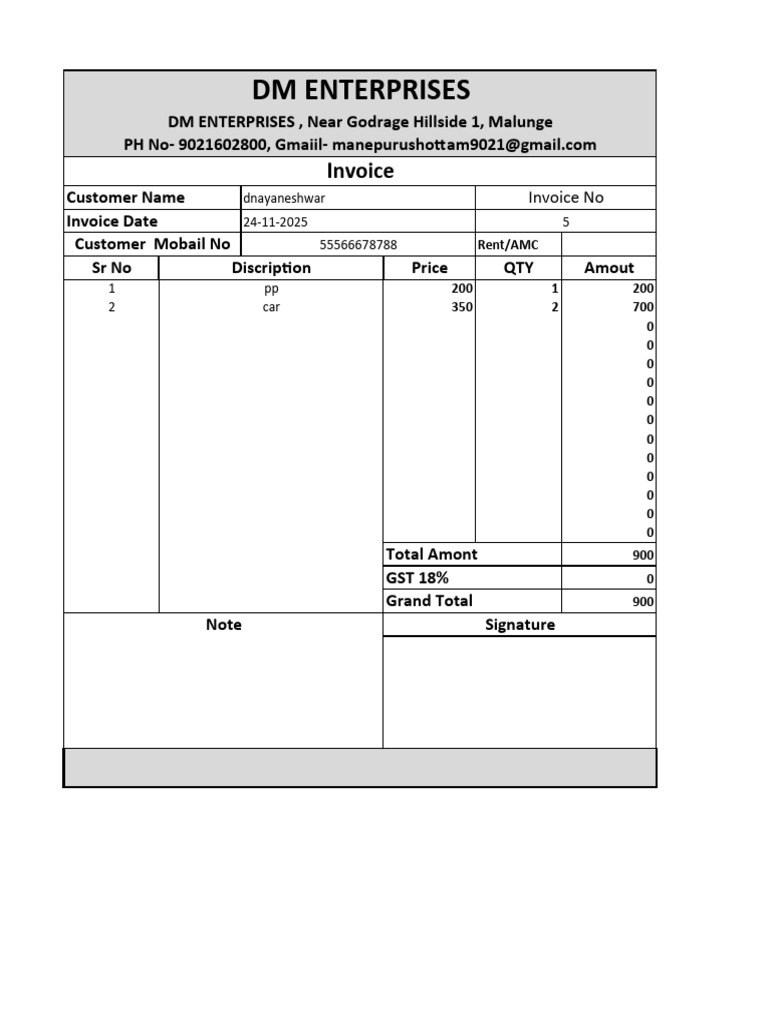 Invoice for DM Enterprises Rental Services | PDF