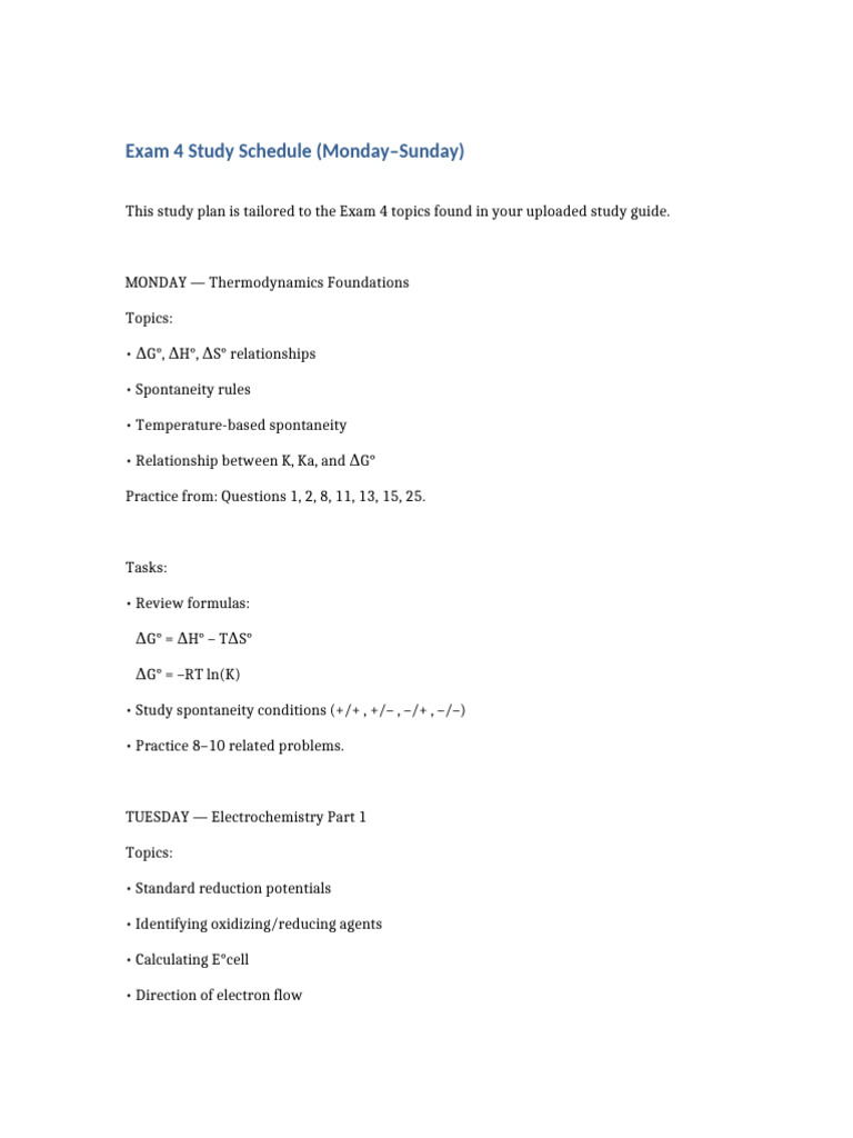 Exam4 Study Schedule 3 | PDF