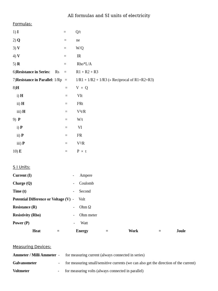 Electricity Formulas and SI Units Guide | PDF