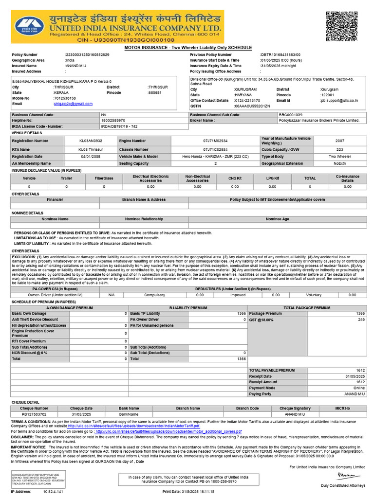 22300031250160552829KL08AN3932 (1) | PDF | Insurance | Cheque