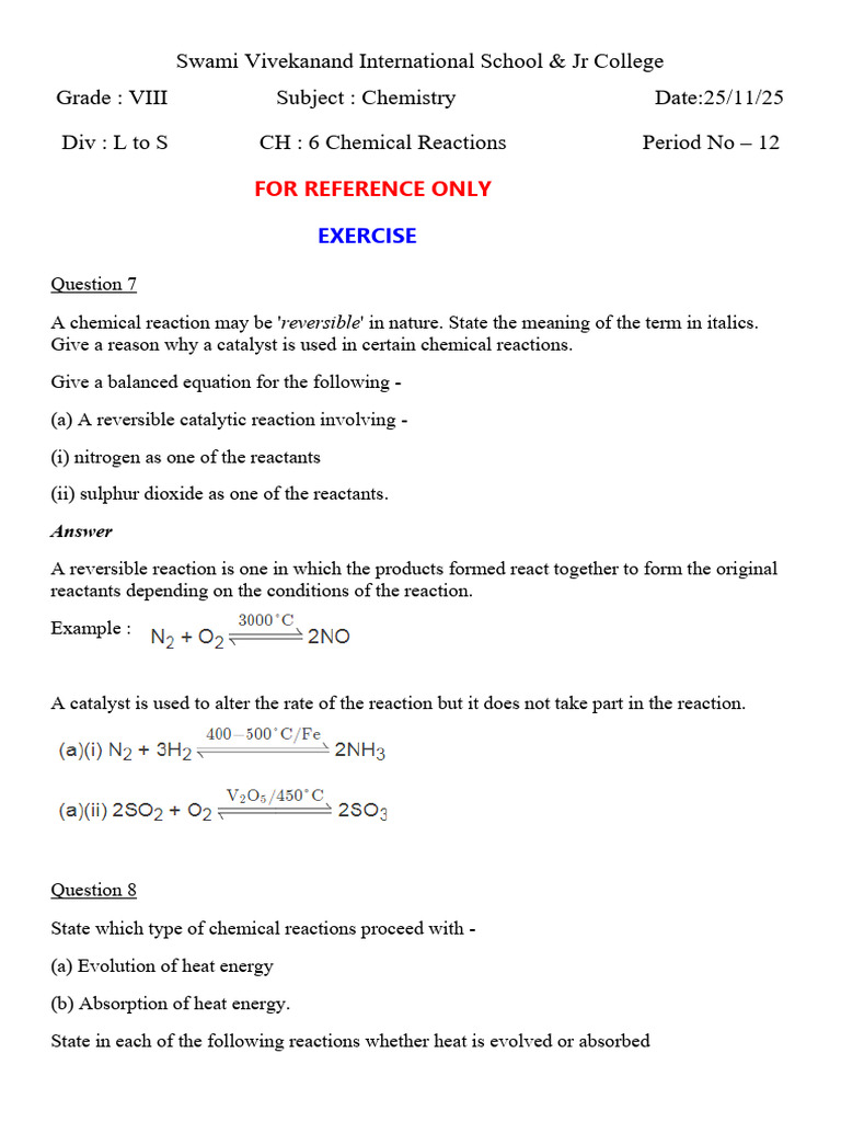 SL VIII Chemistry Chemical Reactions-2 | PDF | Oxide | Chemical Reactions
