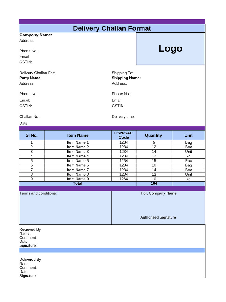 Delivery Challan Excel 1 | PDF