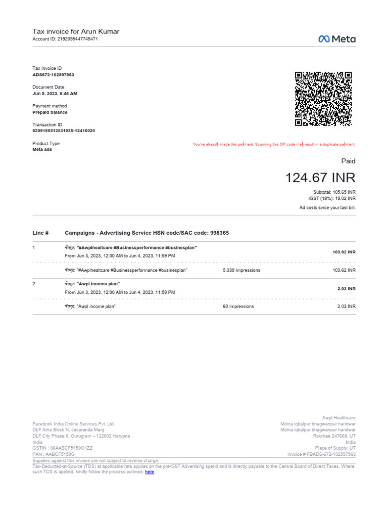 Tax Invoice for Meta Ads - Arun Kumar | PDF | Public Finance | Taxation
