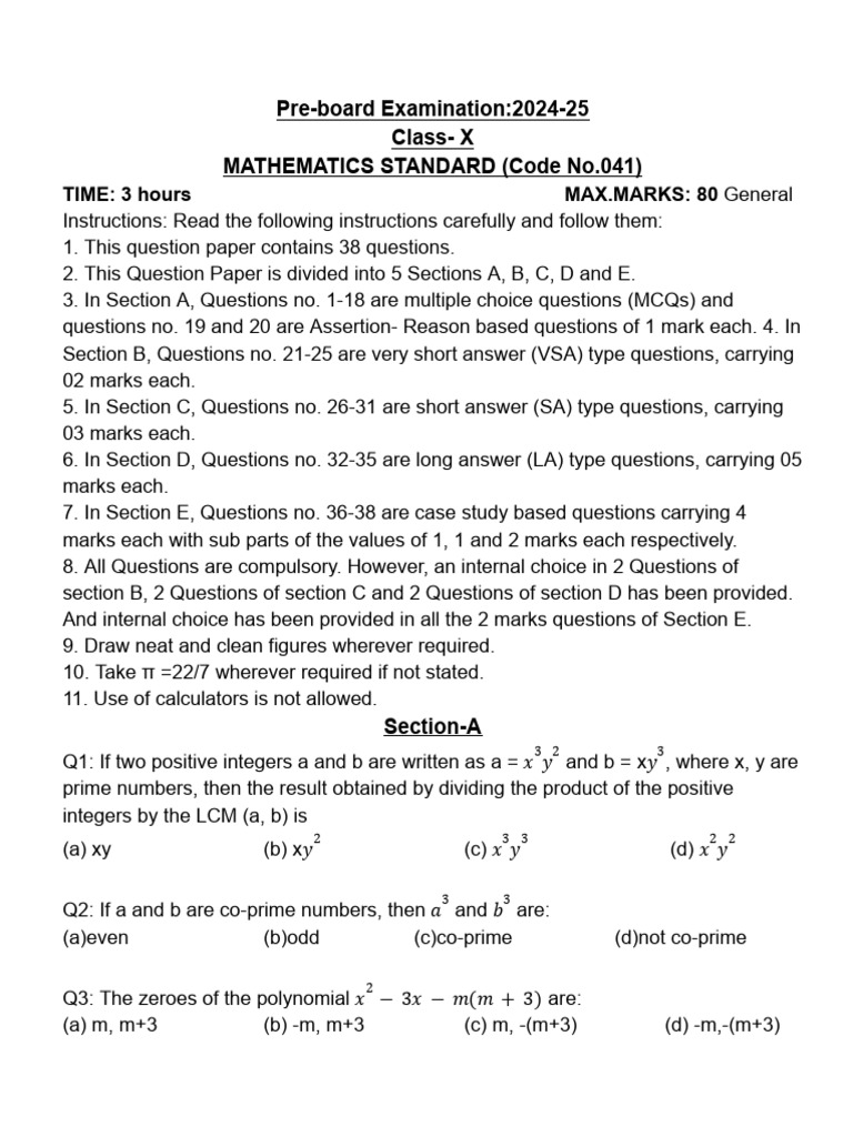 Class X Mathematics Pre-Board Exam 2024-25 | PDF | Numbers | Zero Of A ...