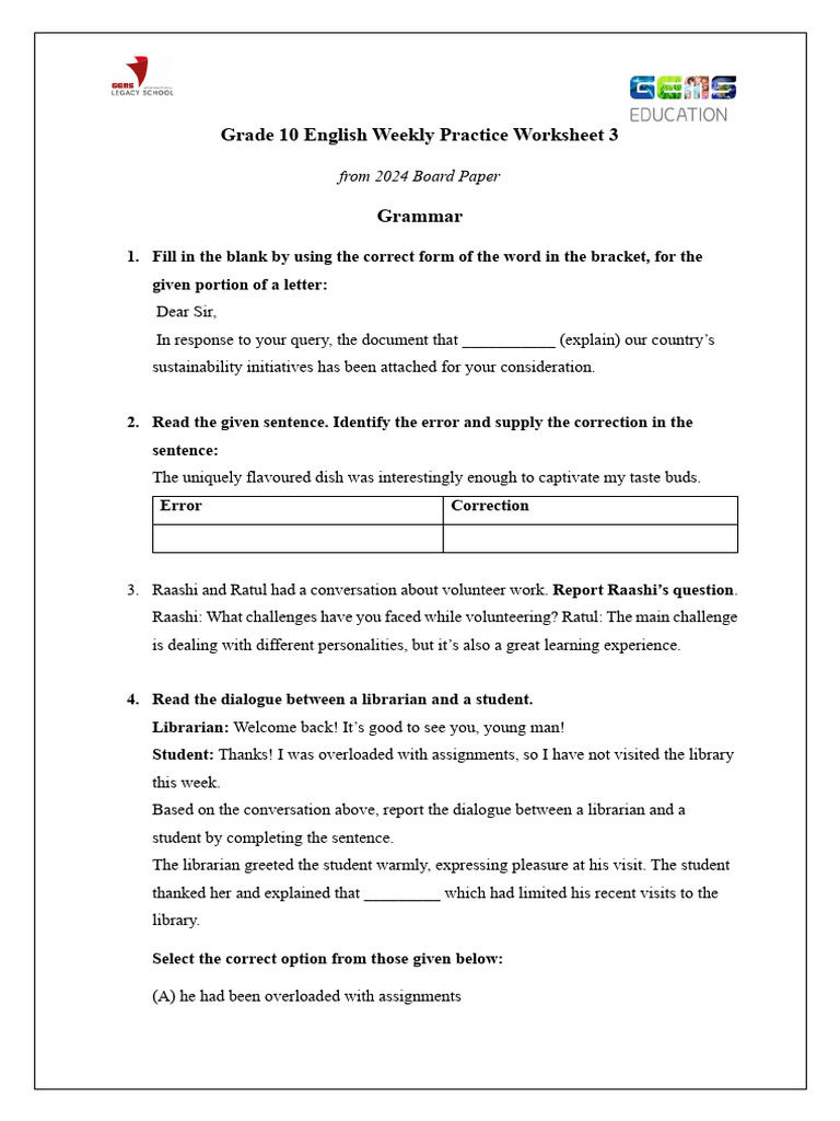 Grade 10 English Grammar Practice Worksheet | PDF