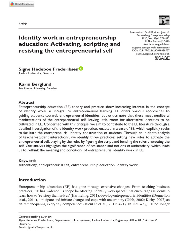 Identity Work in Entrepreneurship Education | PDF | Entrepreneurship ...