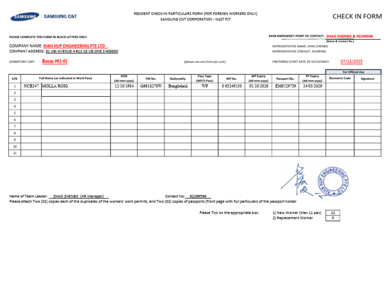 Foreign Workers Check-In Form | PDF | Government And Personhood ...