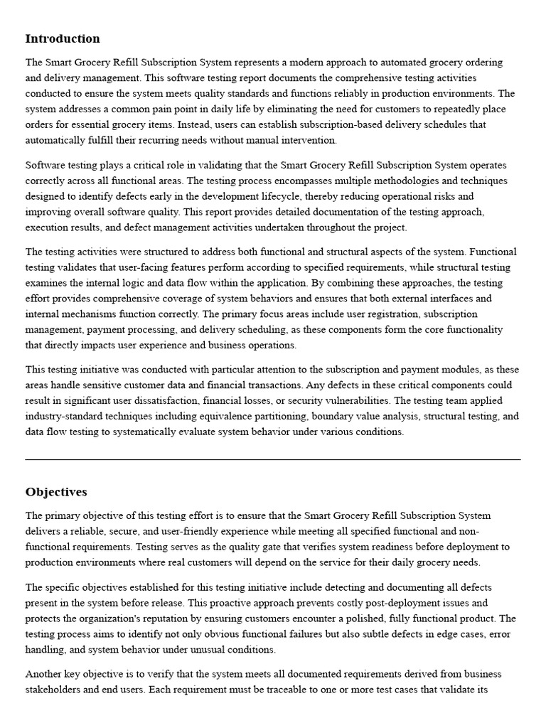Smart Grocery Subscription Testing Report | PDF | Software Testing ...