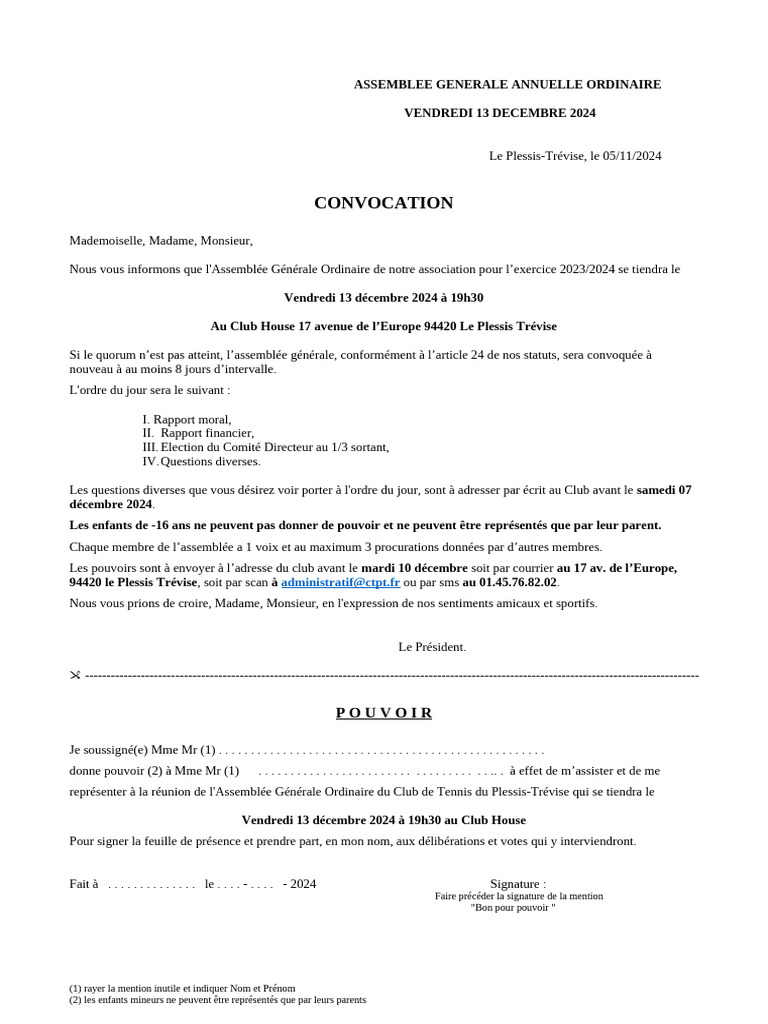 Convocation à l'AG Ordinaire du Club 2024 | PDF
