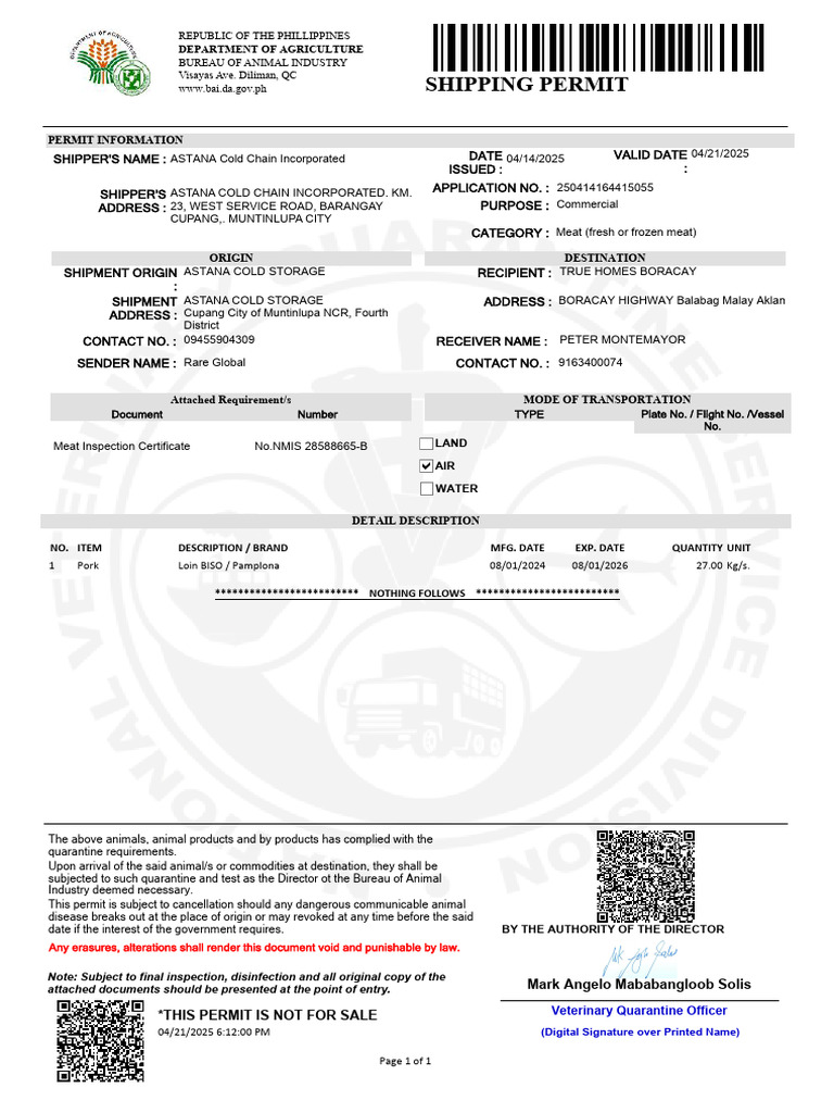 Shipping Permit for Meat Transport | PDF