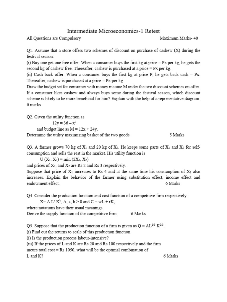 Intermediate Microeconomics Retest Questions | PDF | Utility | Business ...