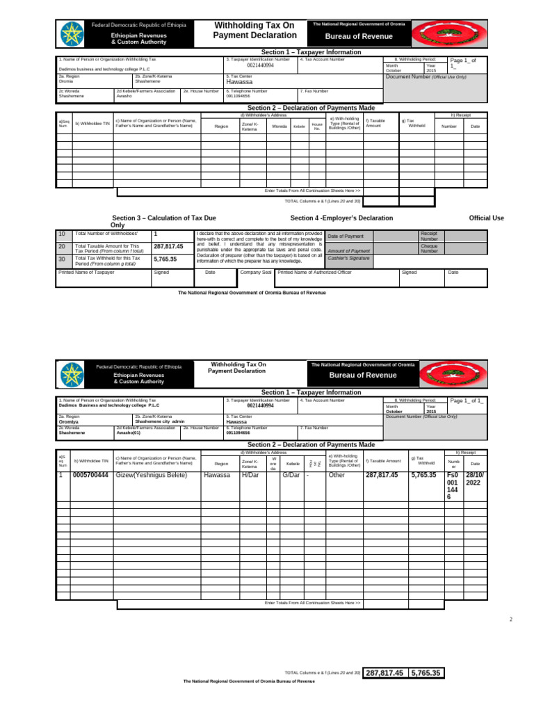 Withholding on Payment Tax Declaration | PDF | Taxes | Payments
