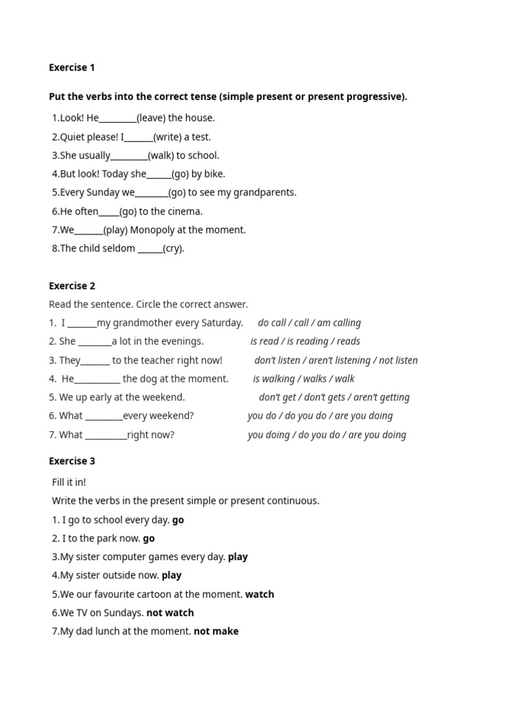 Present Tense Verb Exercises | PDF