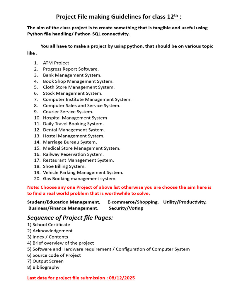 Project File & Report File Guidelines for Class 12th | PDF | Python ...