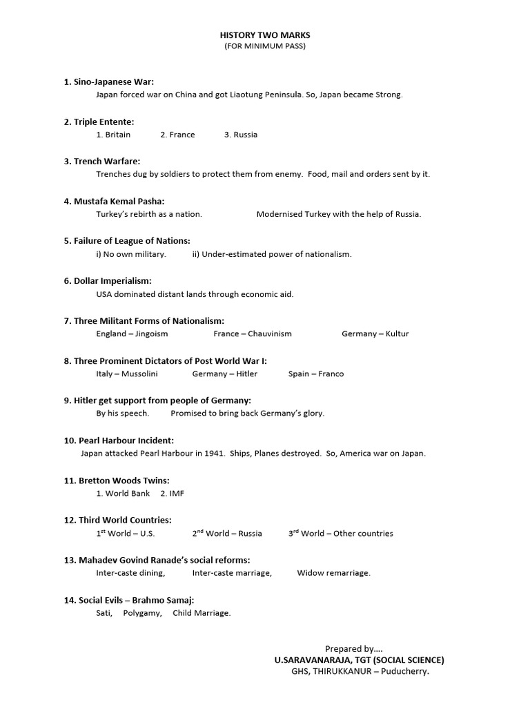 10th History 2-Marks One Line Answer | PDF