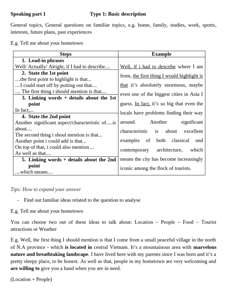 Speaking Part 1: Hometown Descriptions | PDF