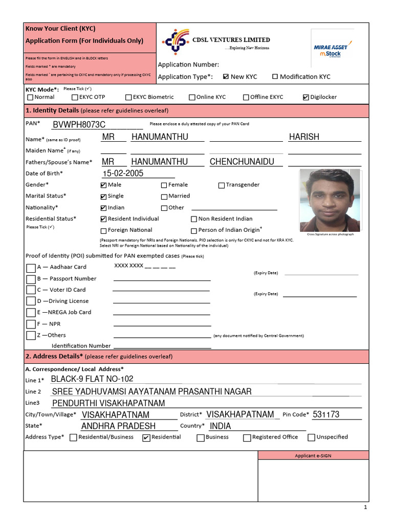 KYC Application Form for Individuals | PDF | Identity Document | Stocks