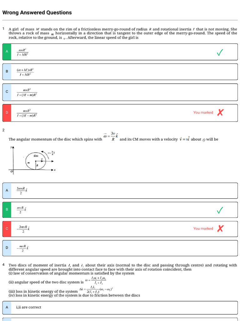 Wrong Answered Questions: You Marked | PDF | Rotation Around A Fixed ...