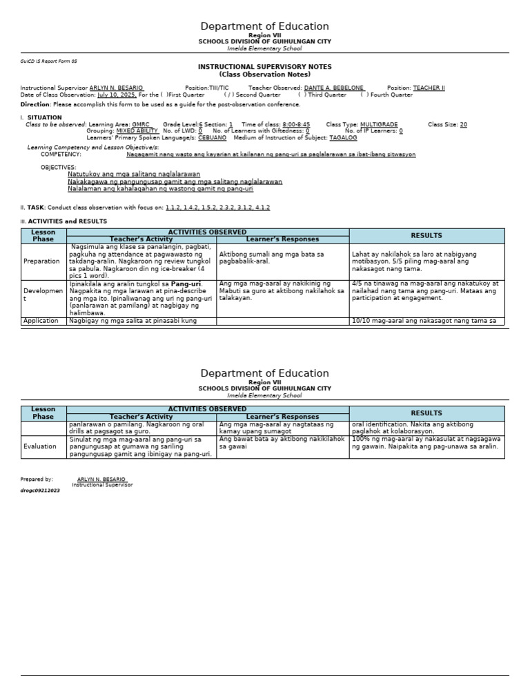 2nd Quarter Instructional Supervisory Notes | PDF
