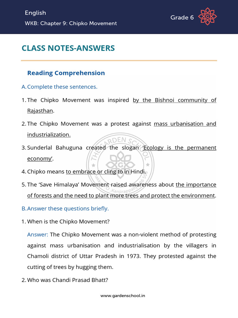 Chipko Movement: Grade 6 Notes | PDF