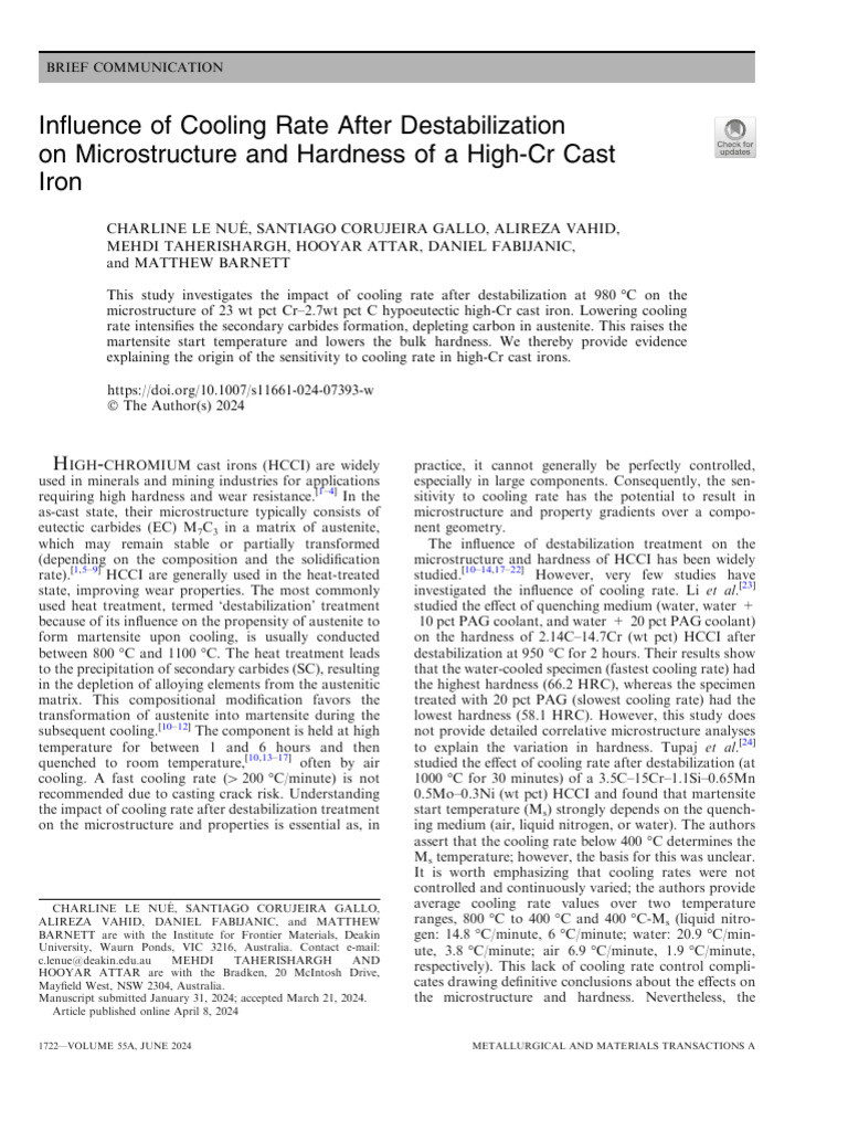 Influence of Cooling Rate After Destabilization on Microstructure and ...
