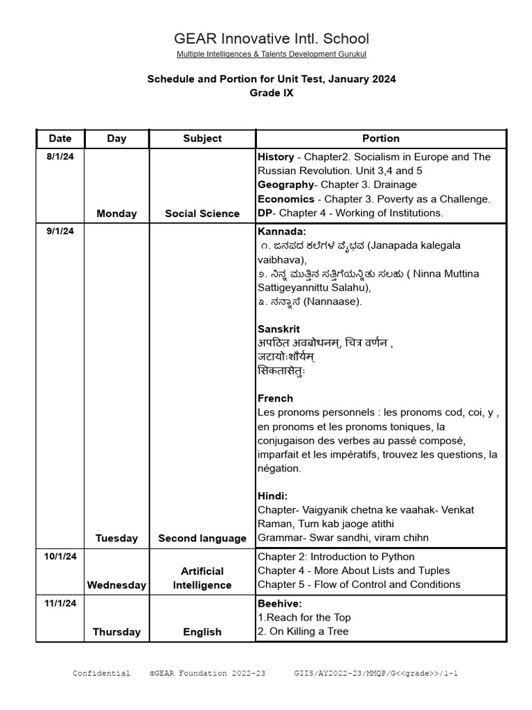 GIIS AY2023-24 MM Schedule and Portion UT January Grade 9 | PDF