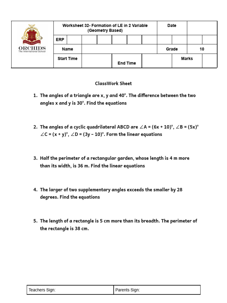 Geometry Linear Equations Worksheet | PDF