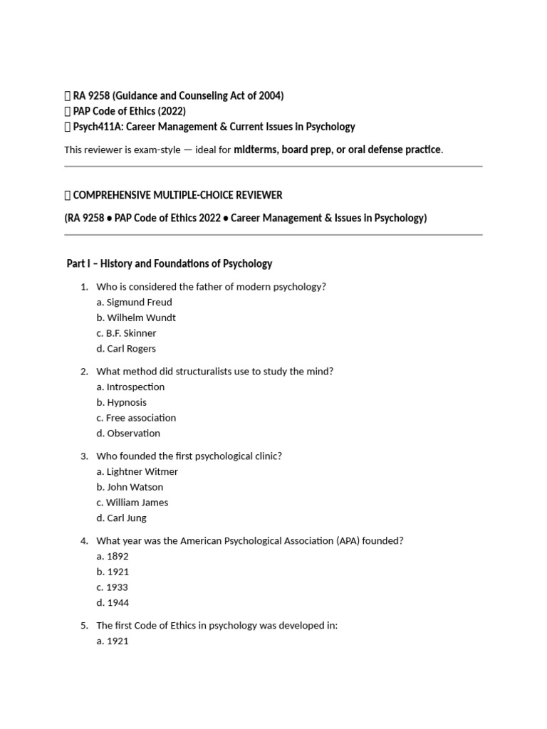Comprehensive Psychology Exam Reviewer | PDF | Psychology | Counseling ...