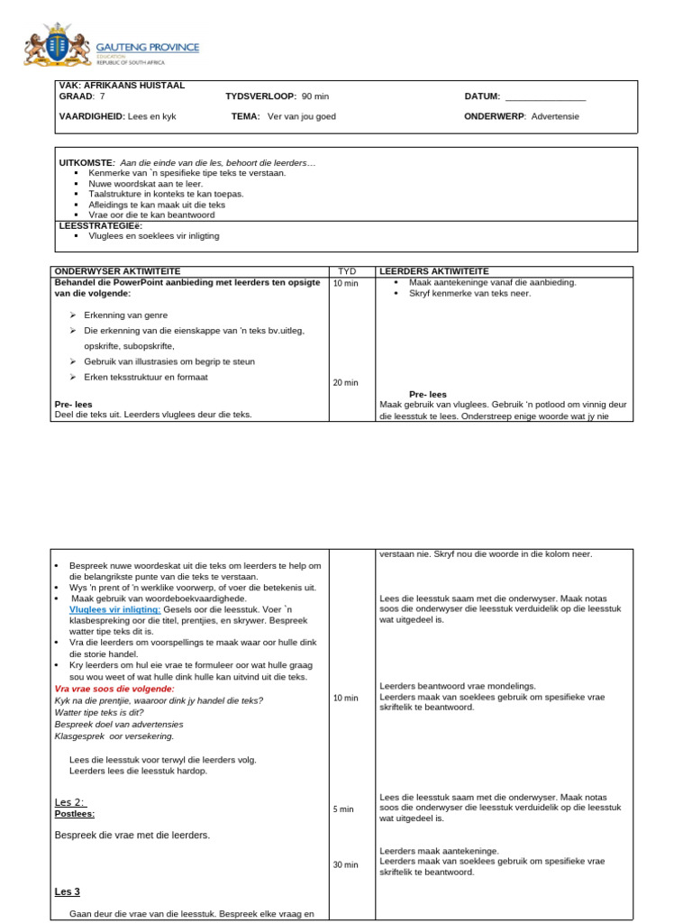 Graad 7 AFR HT - Advertensie LESPLAN | PDF