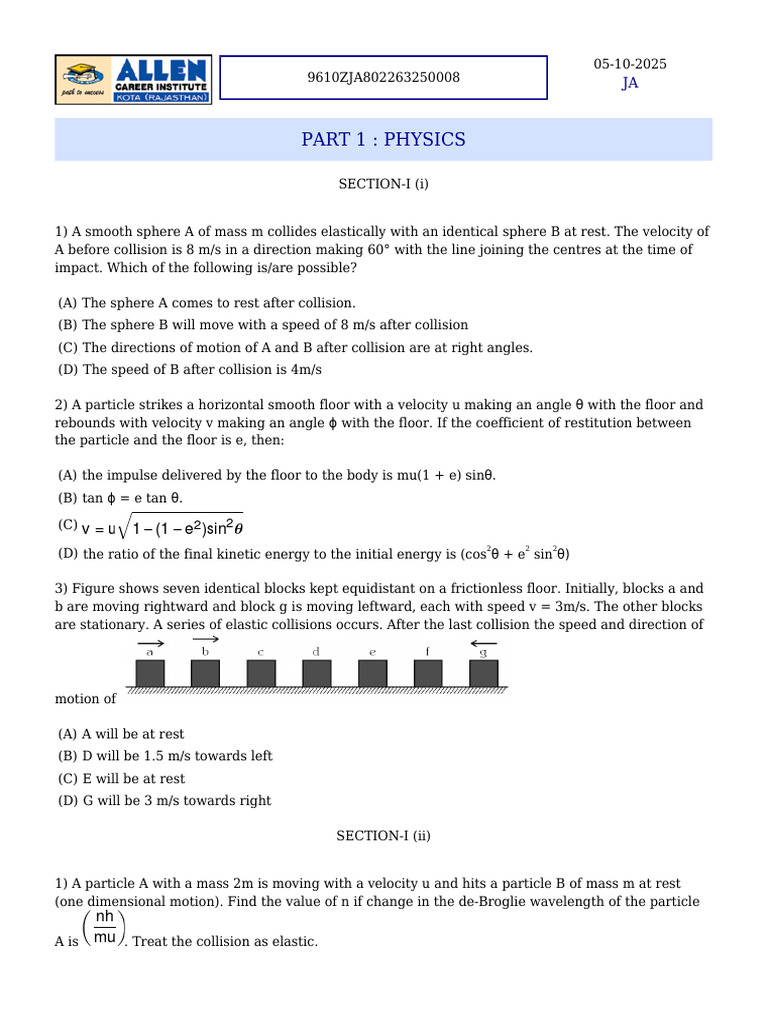 Physics and Chemistry Problem Set | PDF | Collision | Atoms