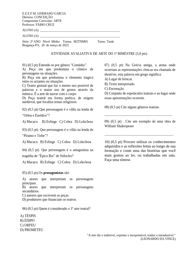 Atividade Avaliativa de Arte - 2º Ano | PDF | Ator | Teatro