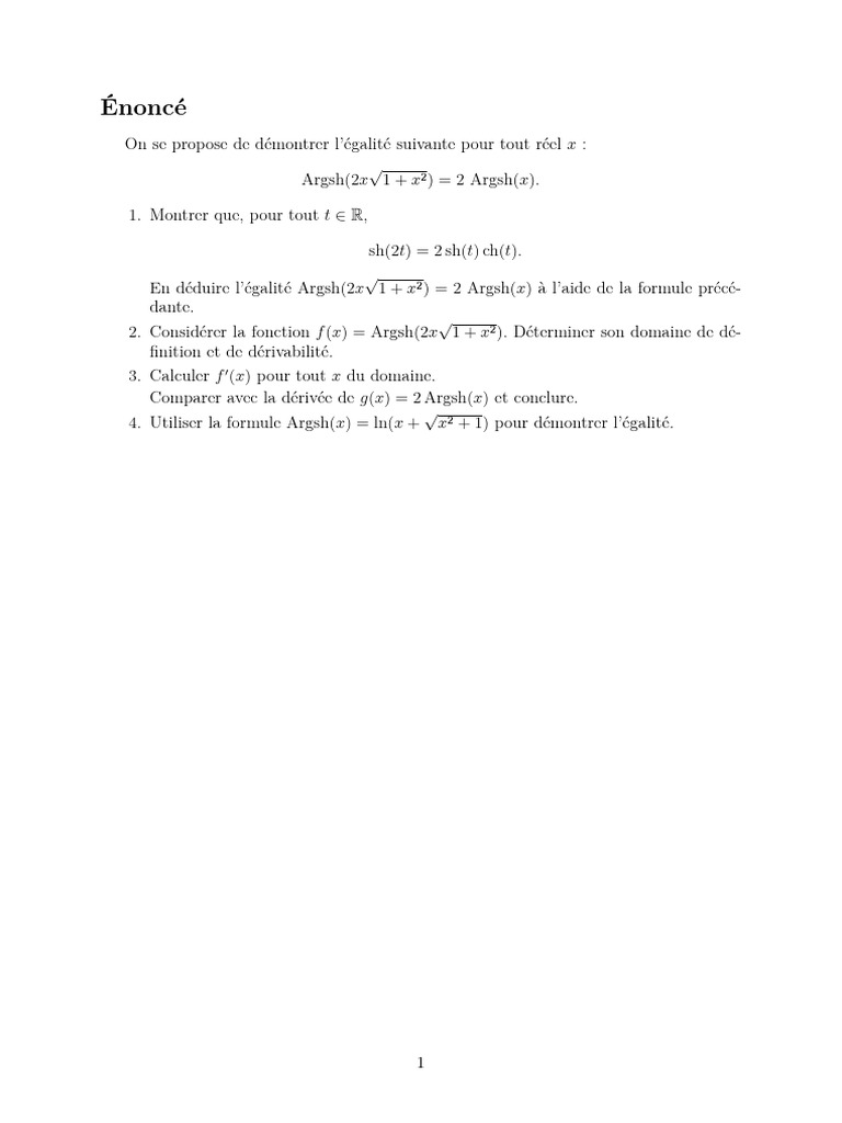 Démonstration de l'égalité Argsh | PDF | Analyse mathématique ...