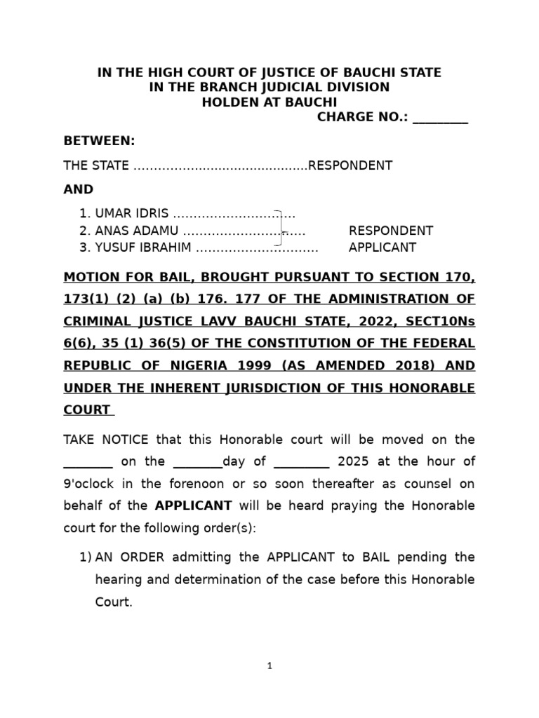 In The High Court of Justice of Bauchi State | PDF | Bail | Crime ...