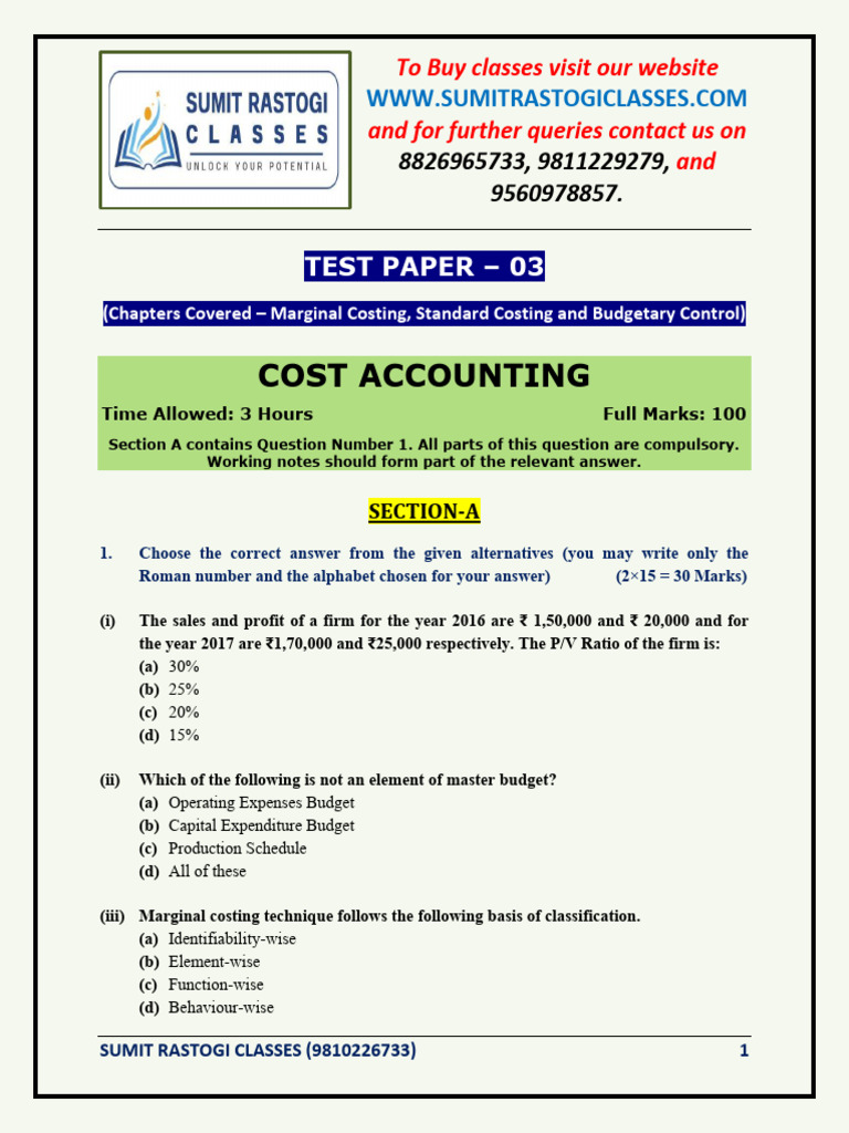 Cost Accounting Test Paper 03 | PDF | Rupee | Expense