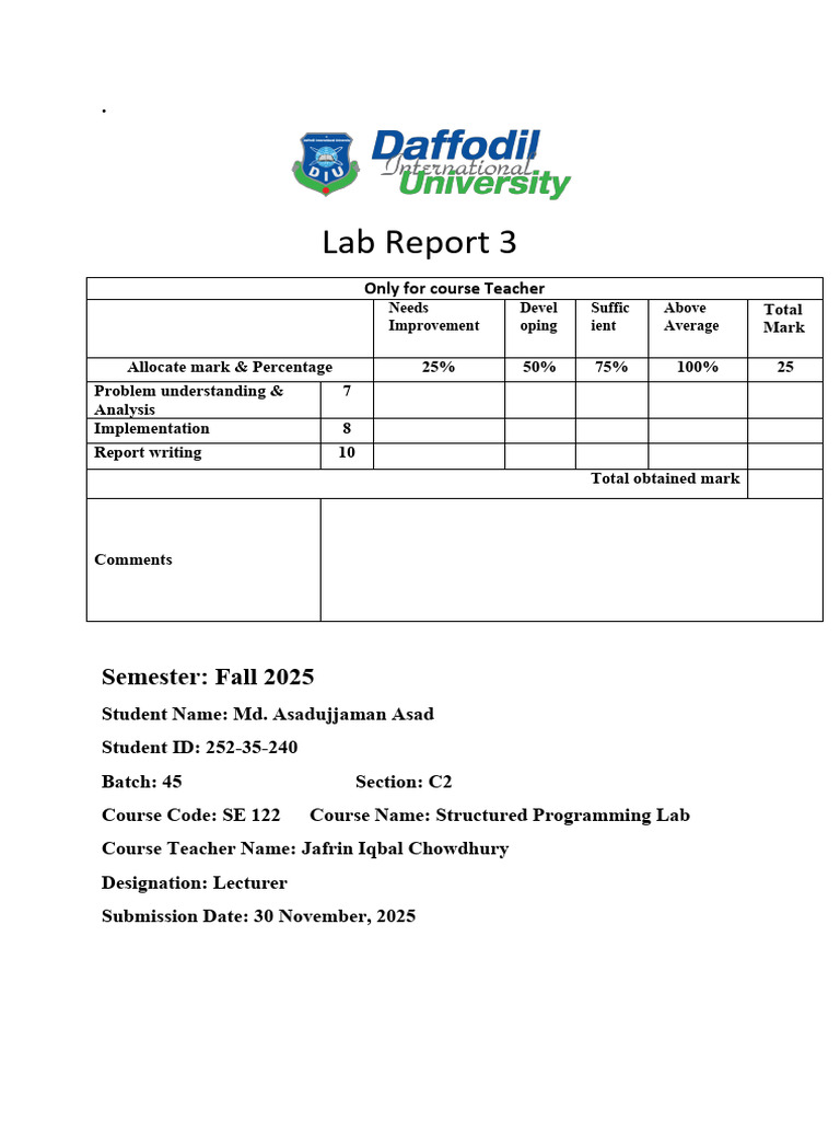Structured Programming Lab Report 2025 | PDF