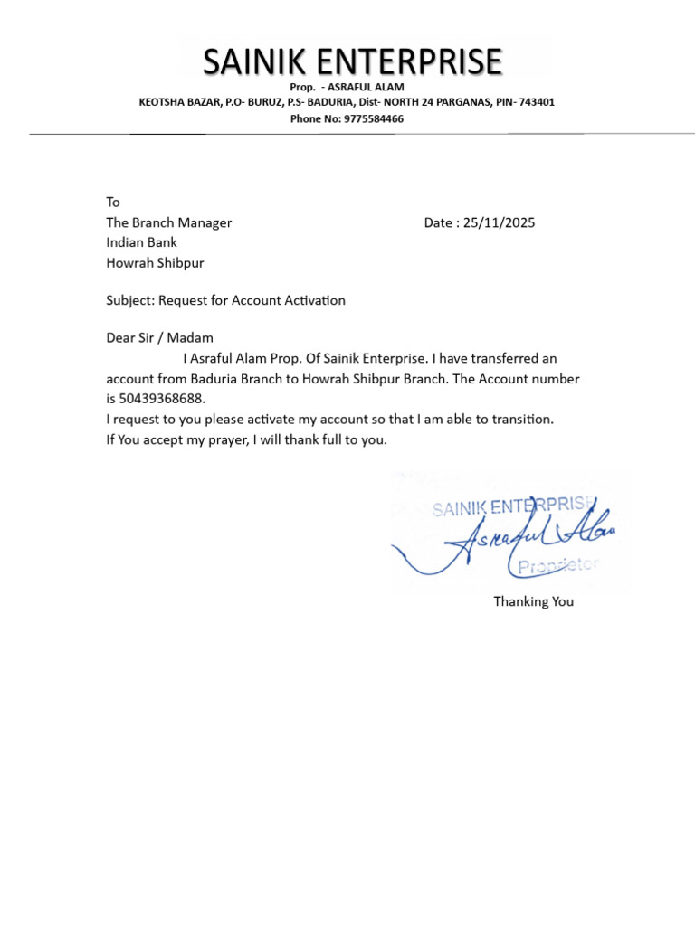 Account Activation Request Letter | PDF
