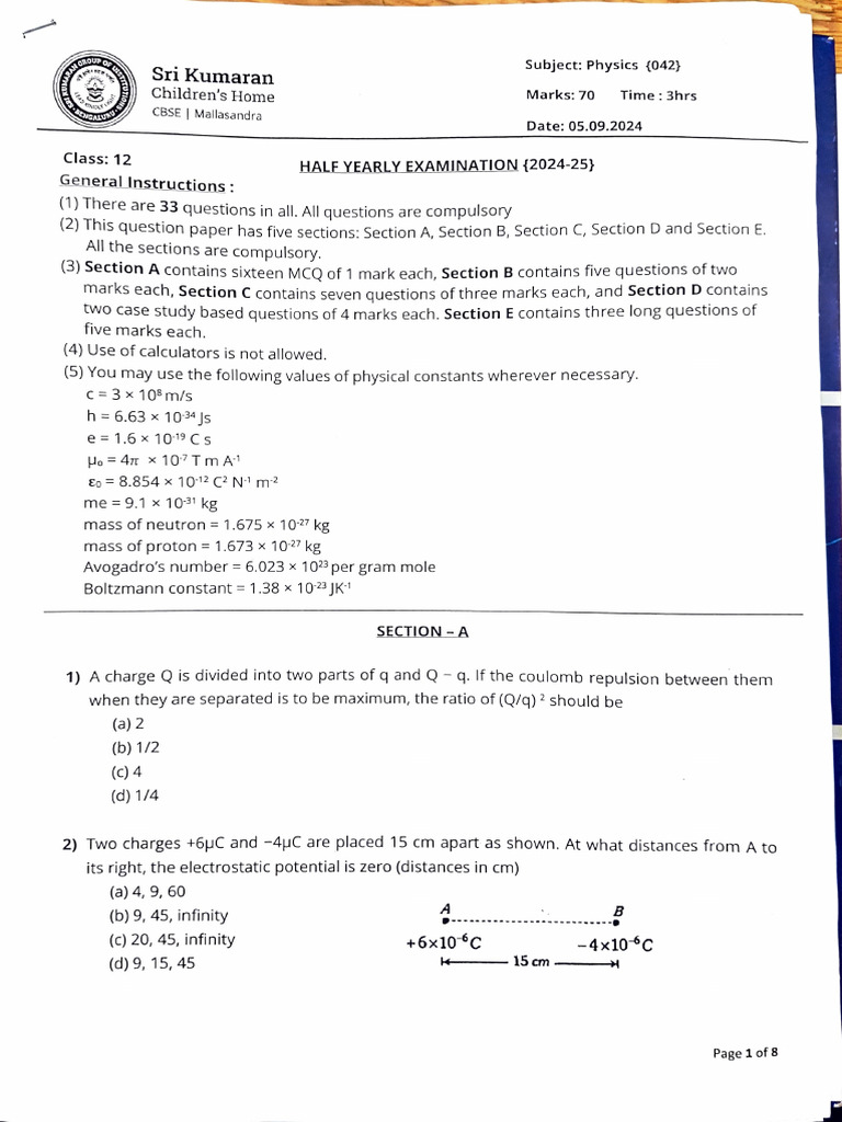 Class 12 Physics Exam Paper 2024-25 | PDF | Inductance | Inductor