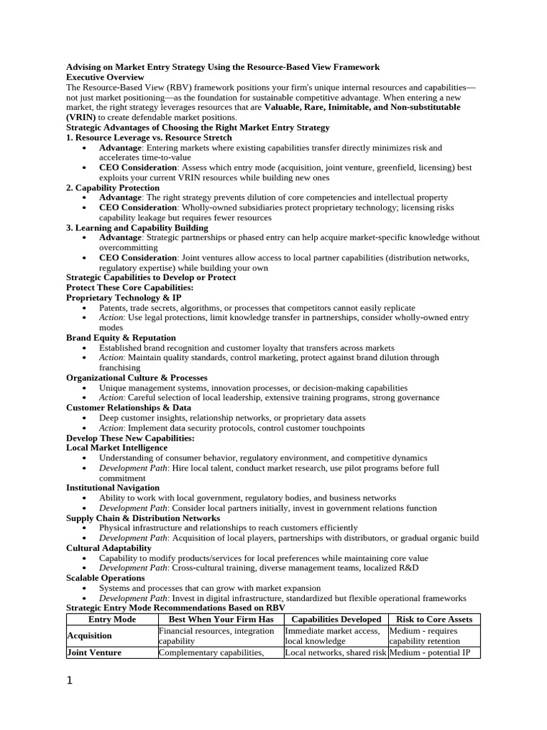 Market Entry Strategy via RBV Framework | PDF | Joint Venture | Brand