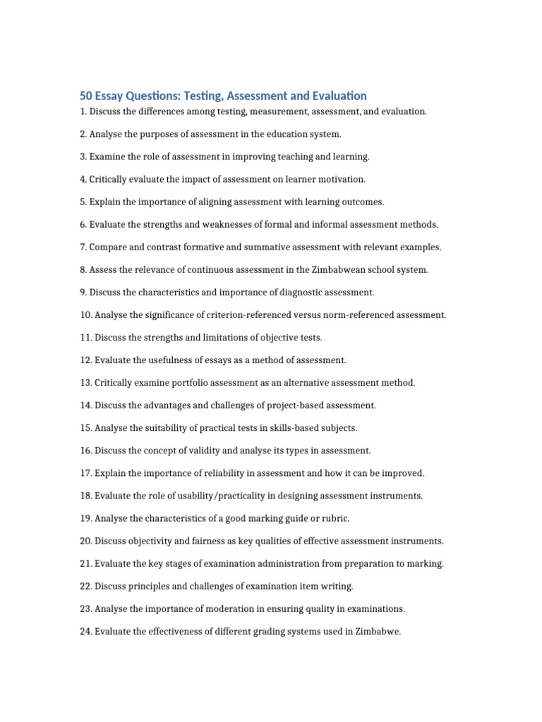 50 Essay Questions on Educational Assessment | PDF | Educational ...